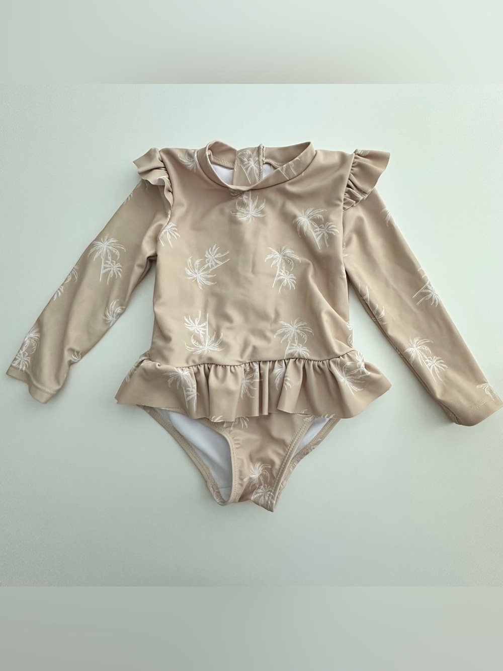 Beige Long-Sleeve Ruffle One-Piece Swimsuit with White Palm Print 2-3T